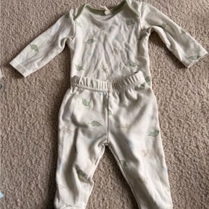 Cream Baby Two-Piece Pajama Set with Green Dino Print